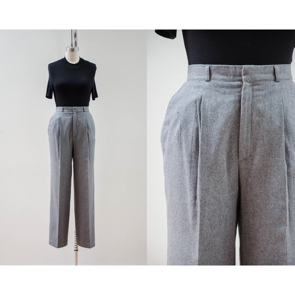 Vintage 90s Wool Trousers Dark Academia High Waisted L Gray Pleated Pants